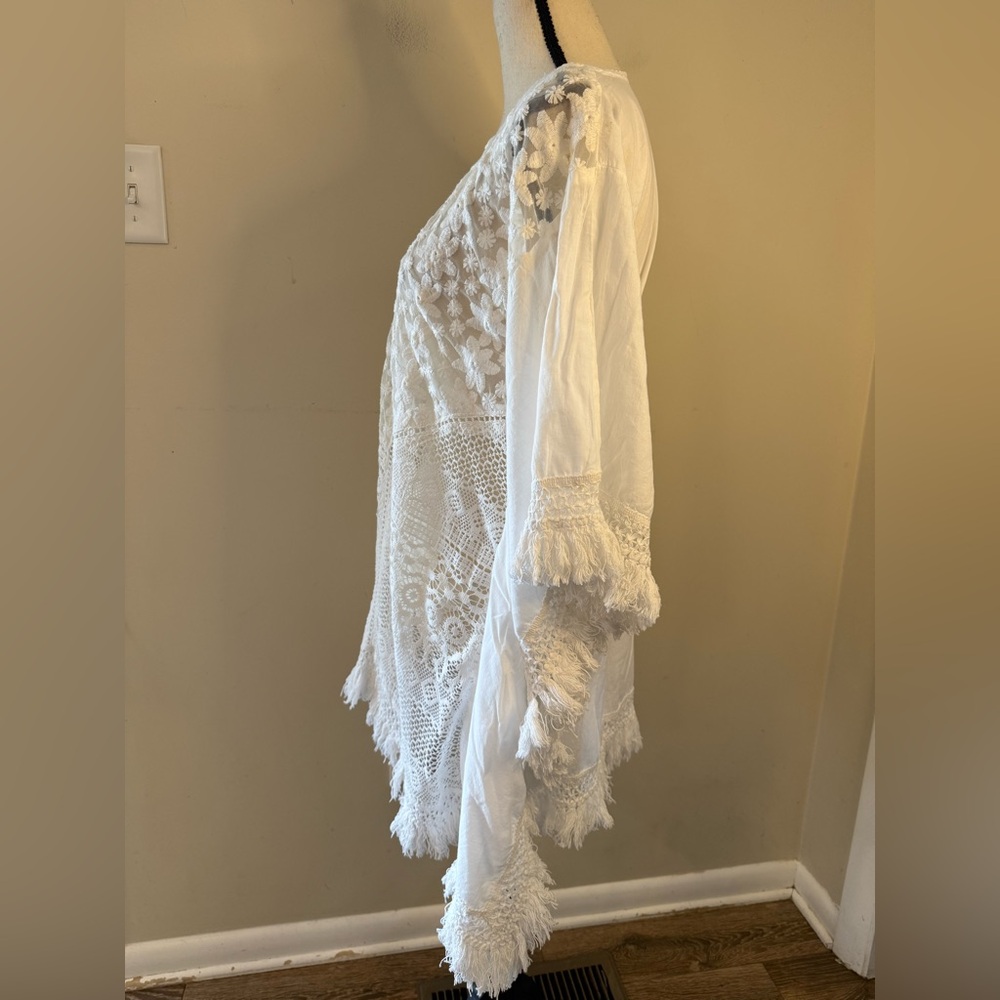 Pure white floral lace fringe swim cover up tunic top SZ S/M - Picture 3 of 12